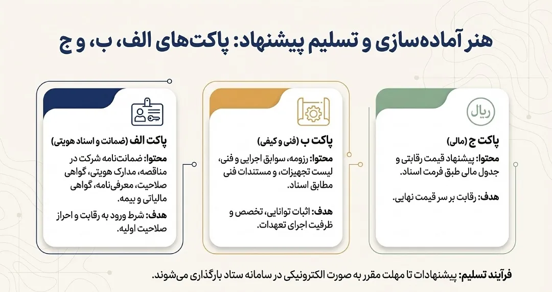 ترتیب و تسلیم پیشنهادها و پاکت الف، ب، ج” در مناقصات