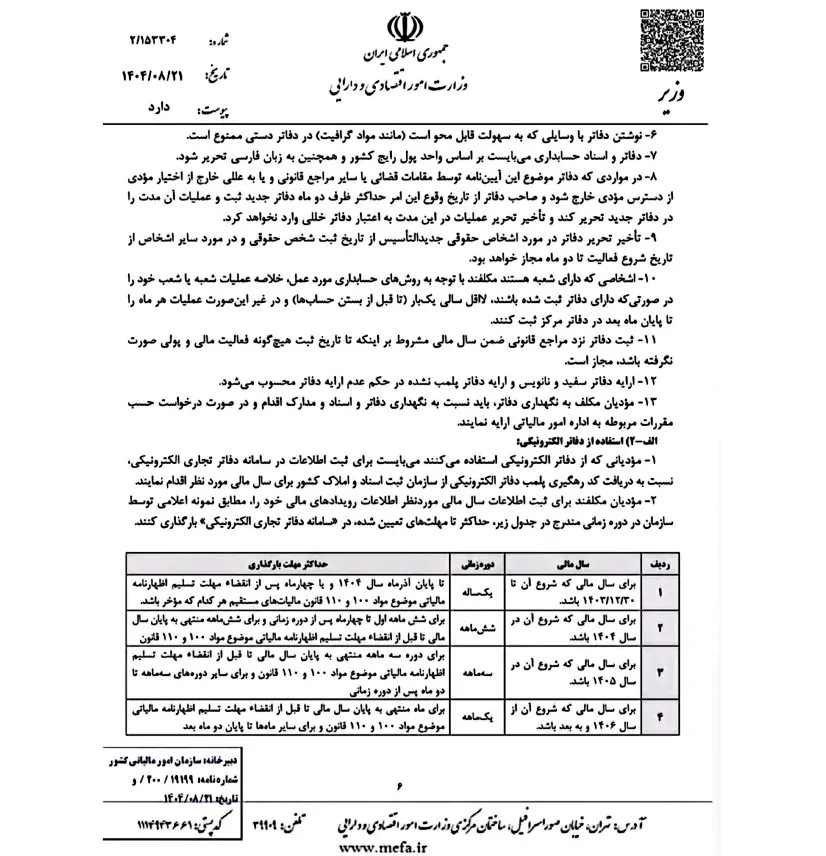 بخشنامه مهلت ارسال دفاتر الکترونیکی ۶ ماهه اول ۱۴۰۴